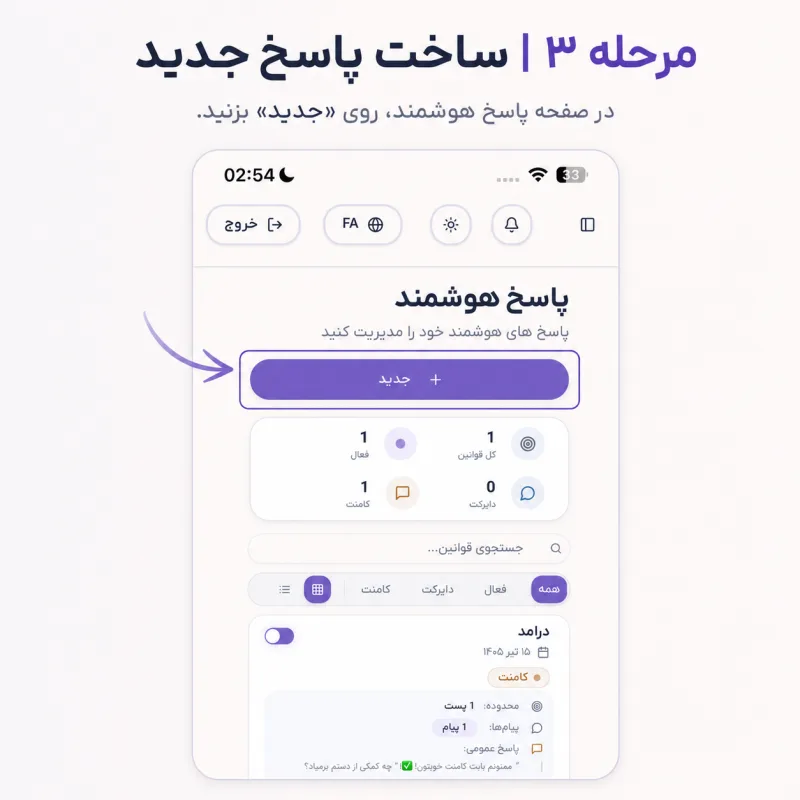 صفحه پاسخ هوشمند با آمار قوانین فعال و دکمه جدید برای ساخت قانون تازه